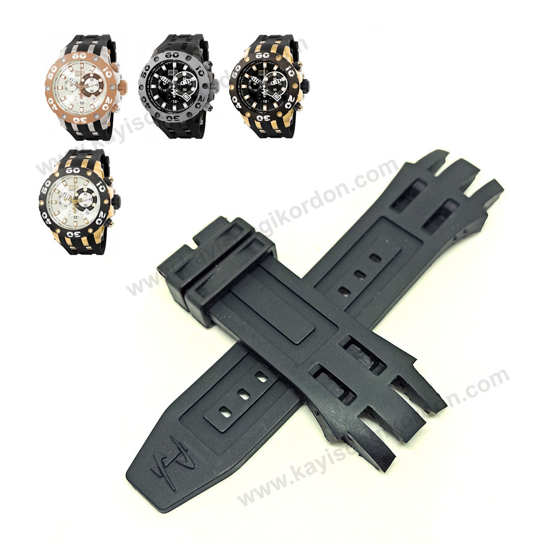 Invicta 0911 , 0912 , 0913 , 0915 Reserve uyumlu Siyah Silikon/Kauçuk Yedek Saat Kayışı Kordonu Kemeri