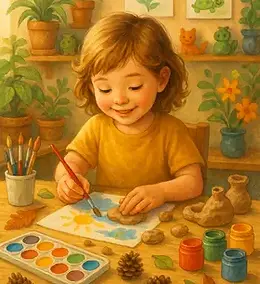 ИИ изображение на усмихнато дете рисуващо с вони боички на маса на която има естествени материали за товречество използвани в арт работилниците на Център БЛАГОСТ в Асеновград - вълна, шишарки, пластелин и други