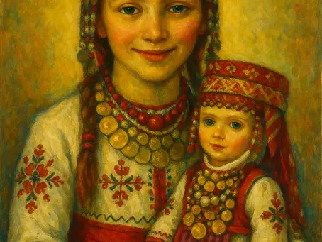 Чувашка носия с прабългарски символи – момиче с кукла, рисувано в стила на Майстора.