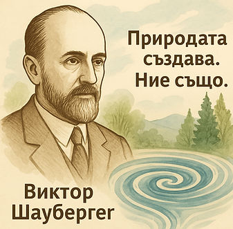 Рисунка на Виктор Шаубергер с негов цитат Природата създава. Ние също.