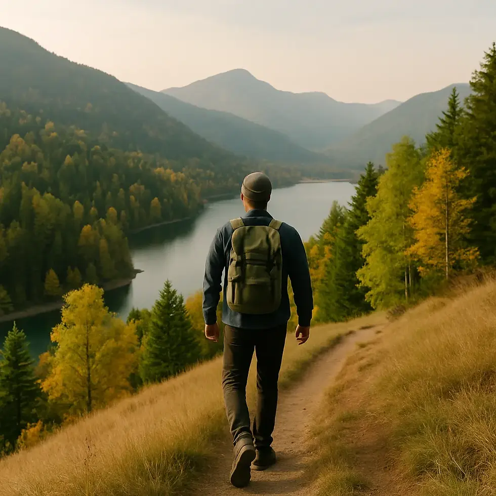 Млад мъж с раница върви по планинска пътека сред зелени и златни дървета, гледайки към хоризонта и езеро в далечината – момент на връзка с природата и вътрешен мир