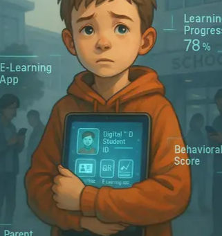 ИИ изображение на дете държащо в ръцете ситаблет и QR код — символ на ранната зависимост от цифрова идентичност.