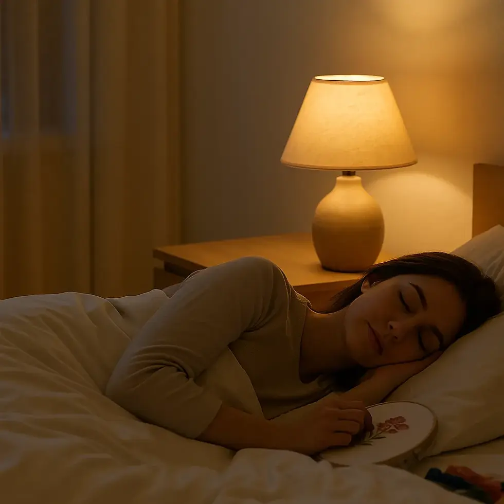 Млада жена спи спокойно в бяло легло, обгърната от мека светлина на нощна лампа, в тиха и уютна спалня – символ на пълноценен сън и възстановен ментален баланс