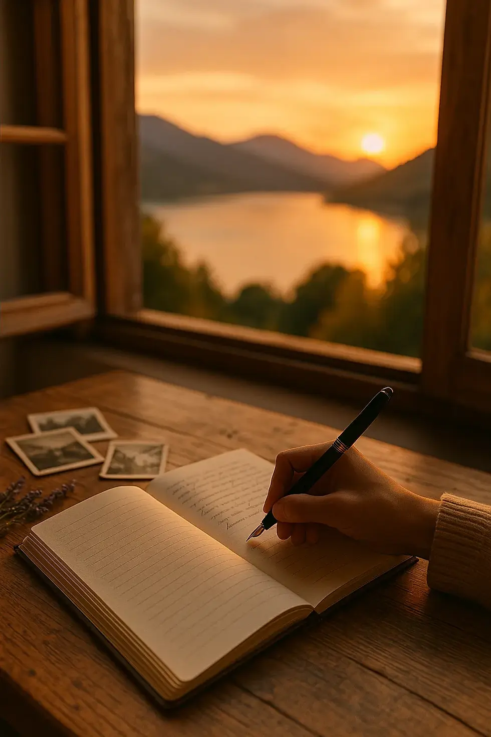 Ръка с писалка пише в отворен дневник върху дървена маса, до която има снимки, лавандула и меко падаща светлина от прозорец с изглед към езеро при залез – символ на освобождаване и вътрешен покой