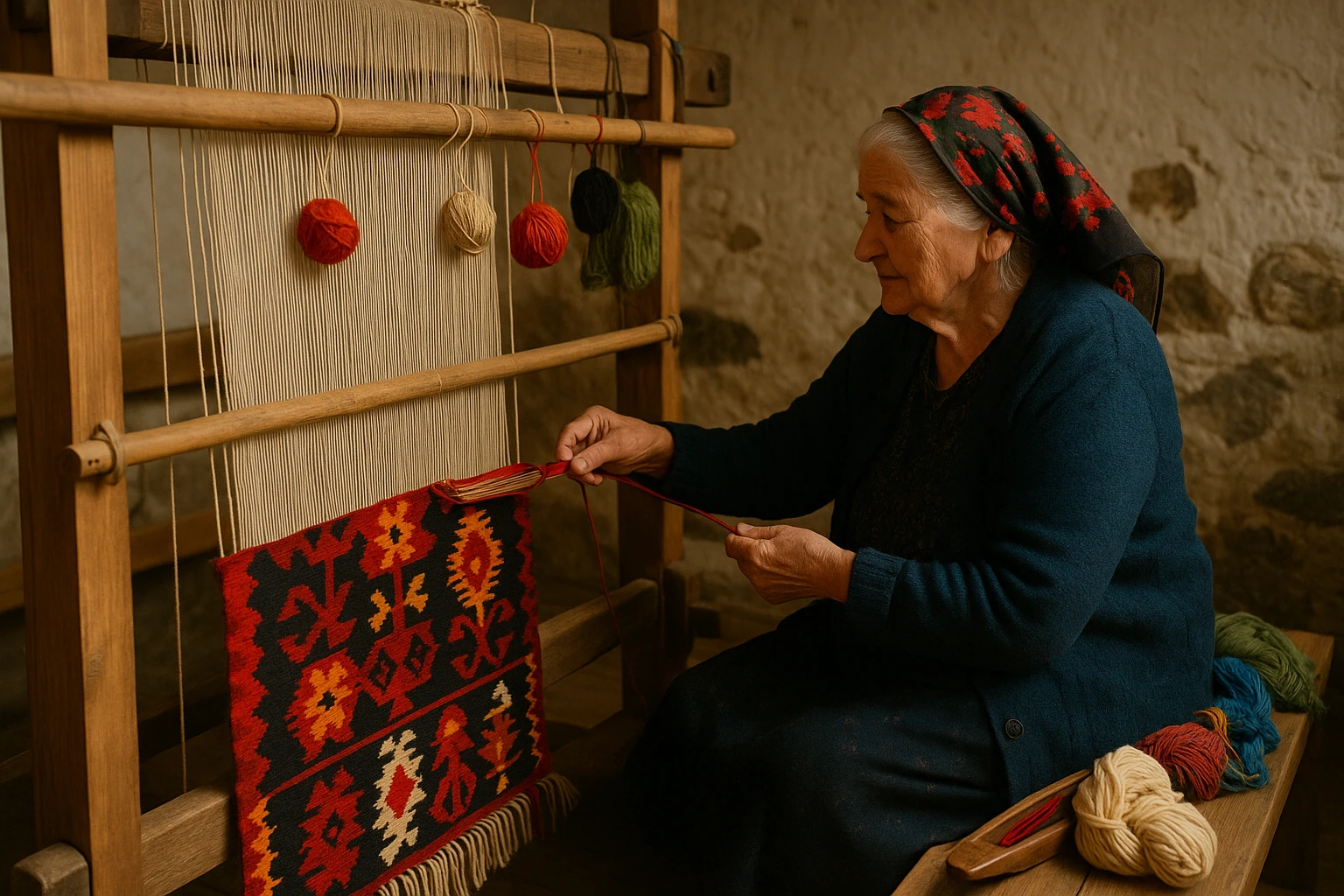 СТара жена тъкачка седнлалапред прав стан и тъче котленски килим