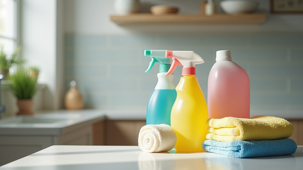 Wide angle view of cleaning supplies arranged neatly