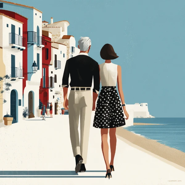A middle-aged couple on vacation strolling near the beach on their way to dinner