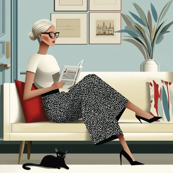 A woman in her 50's sitting on her couch at home reading a magazine with a cat by her side