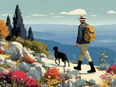 A man hiking on top of a mountain with his dog