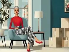 A woman relaxing at home after she finished packing items she no longer needs