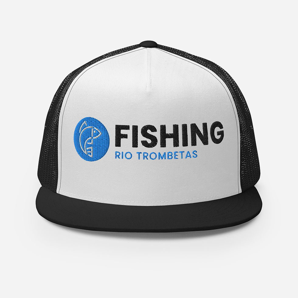 Miniatura: Boné Fishing Rio Trombetas Preto/Branco/Preto visto de frente com aba reta e logo centralizado.
