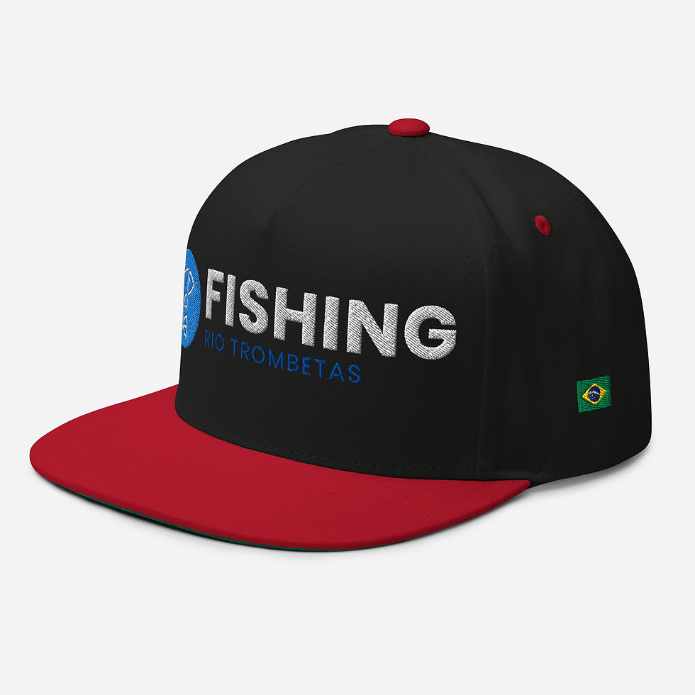 Miniatura: Design frontal do boné Fishing em vermelho e preto.