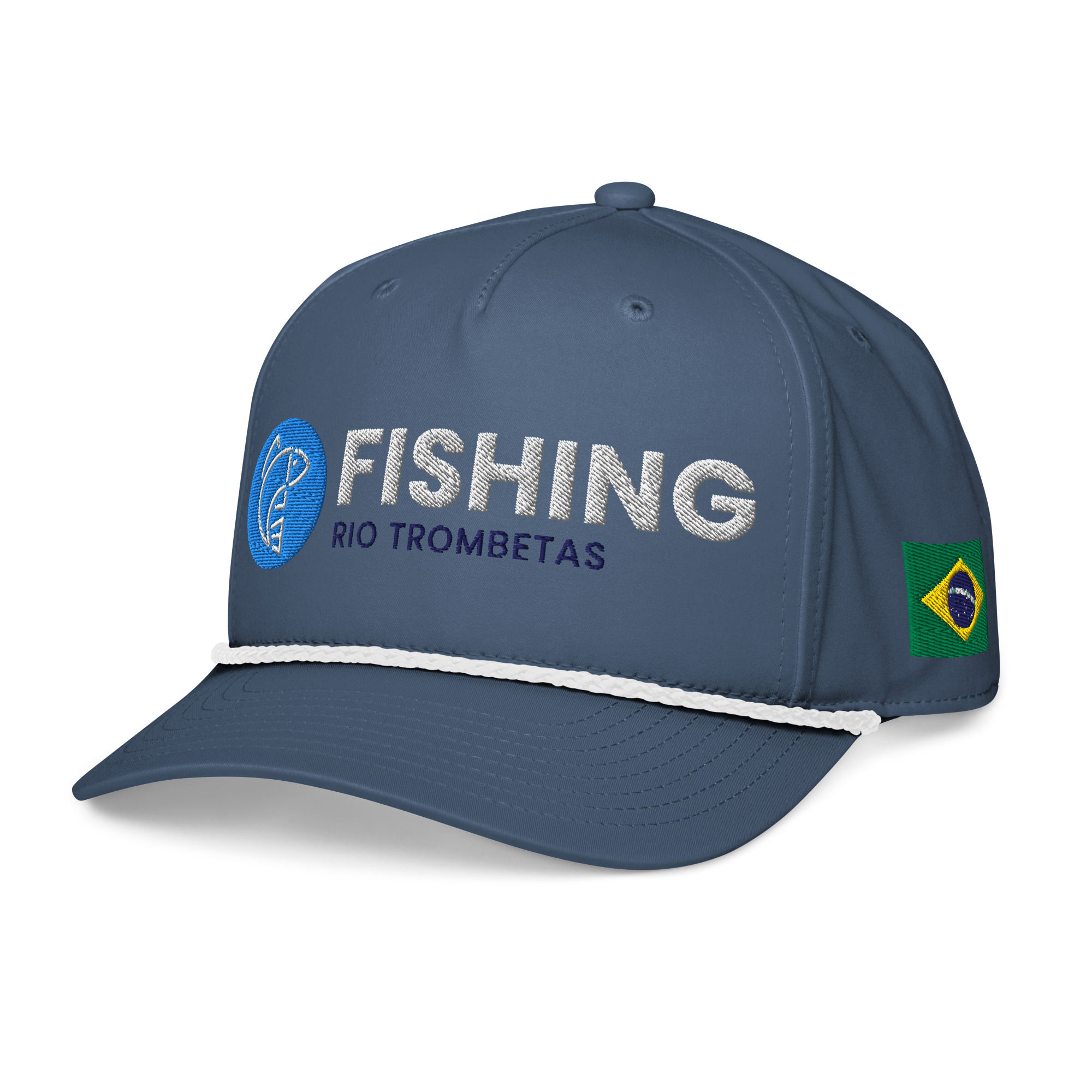 Boné Fishing Rio Trombetas Azul Claro/Branco visto de frente com aba curva