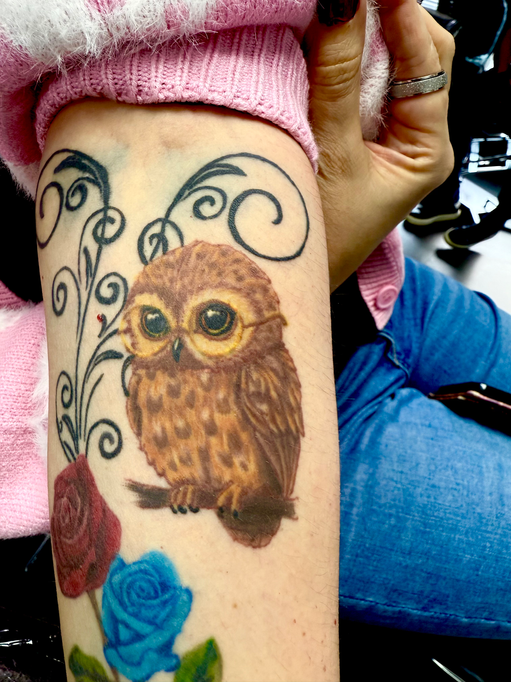 cute owl tattoo, colour owl tattoo, small colour owl tattoo.