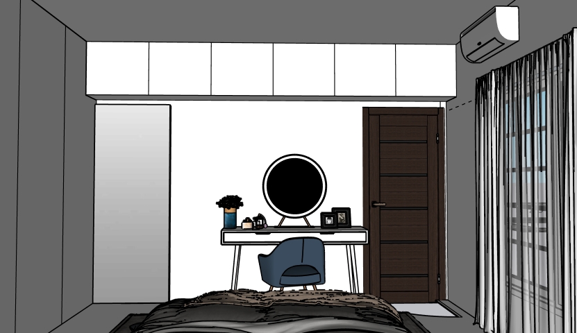 A cozy and stylish living room with bright blue and white traditional Greek island architecture visible through large windows. The interior features a modern orange and white sofa, elegant gold floor lamps, a wooden coffee table, and a bookshelf filled with books. Blue accents and Mediterranean elements create a warm, inviting atmosphere. This image was generated using ArchiVinci AI.