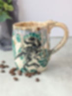 Handmade stoneware T-Rex mug