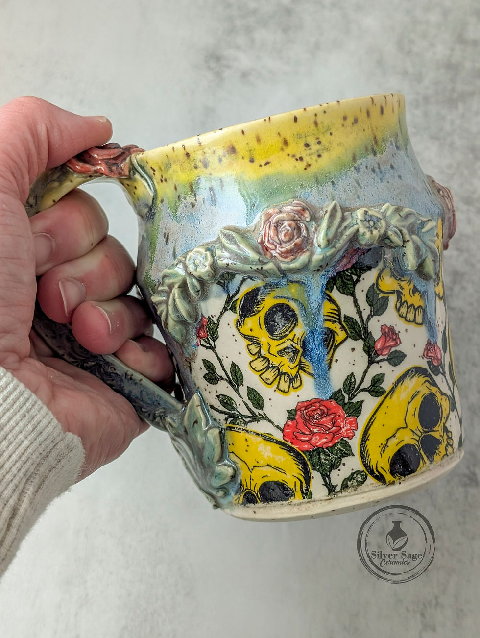 Thumbnail: Handmade Stoneware Skull & Roses Mug – One-of-a-Kind Ceramic Coffee Mug