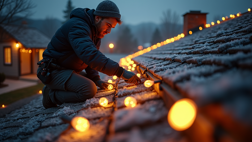 High angle view of a professional installer setting up holiday lights on a roof