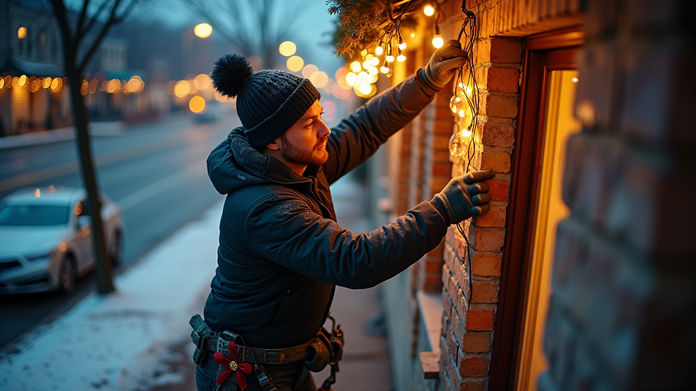 High angle view of a professional installer hanging holiday lights on a commercial building