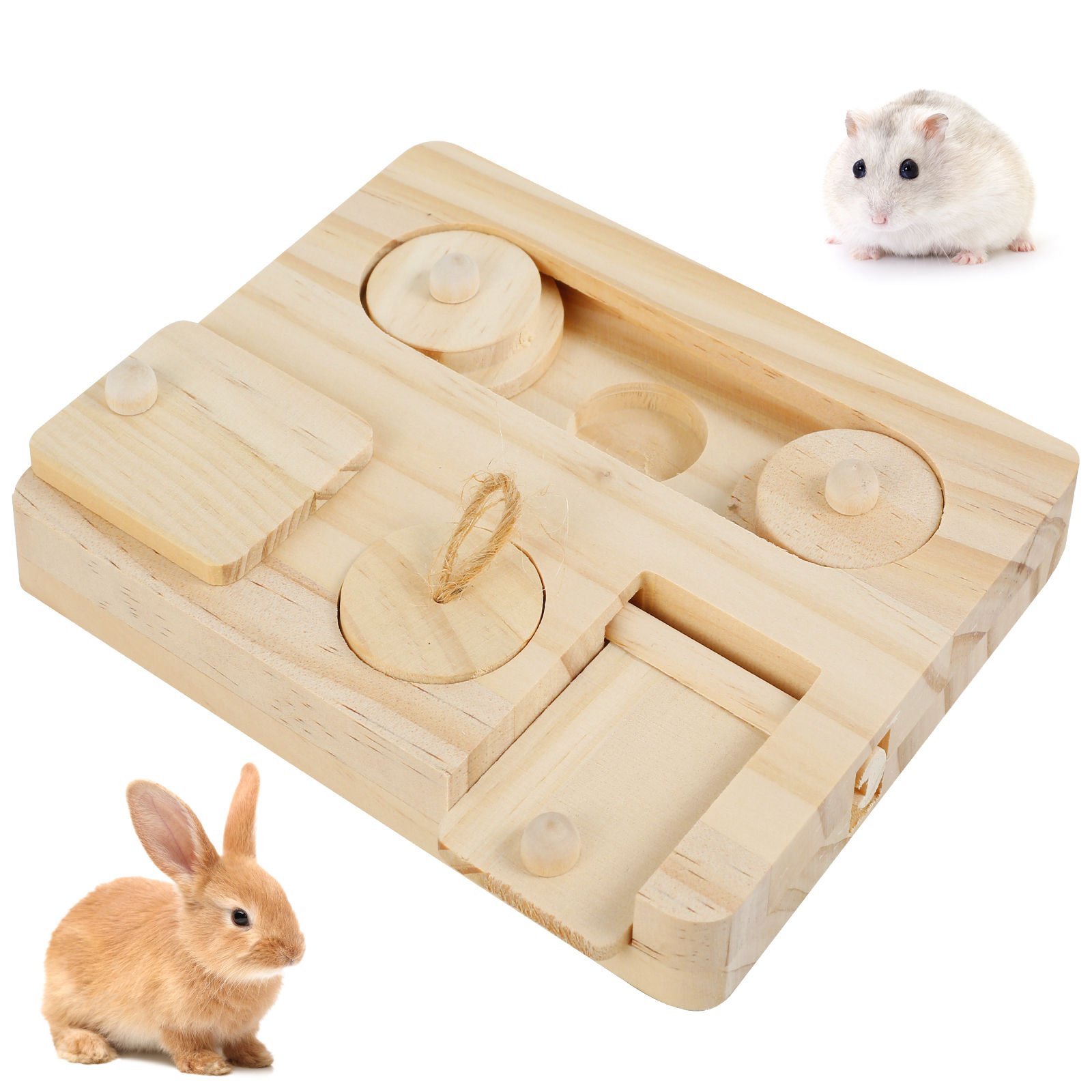 Wooden Guinea Pig Foraging Toy Treat Dispenser Toy with 6 Food Holes Interactive