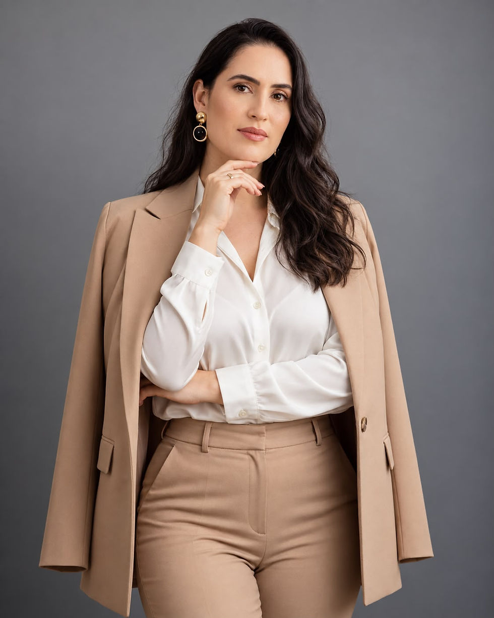 Mulher em pose de comunicação e liderança vestindo blazer bege.