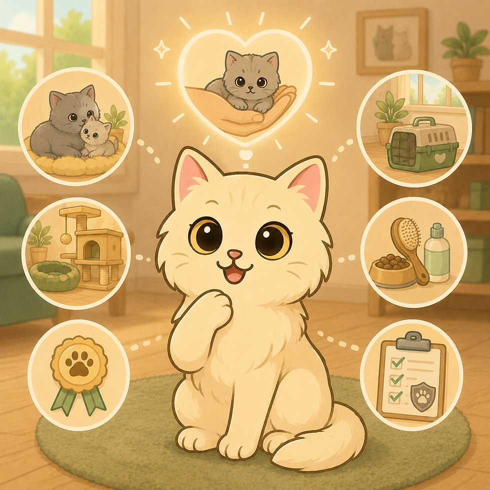 Illustration d'un chat British Longhair réfléchissant aux critères de sélection d'un élevage (santé, équipement, pedigree).