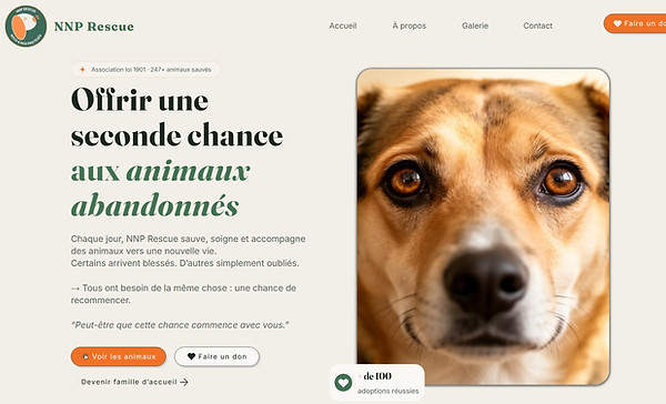 Aperçu du site NNP Rescue illustrant la création d’un site web pour une association de protection animale