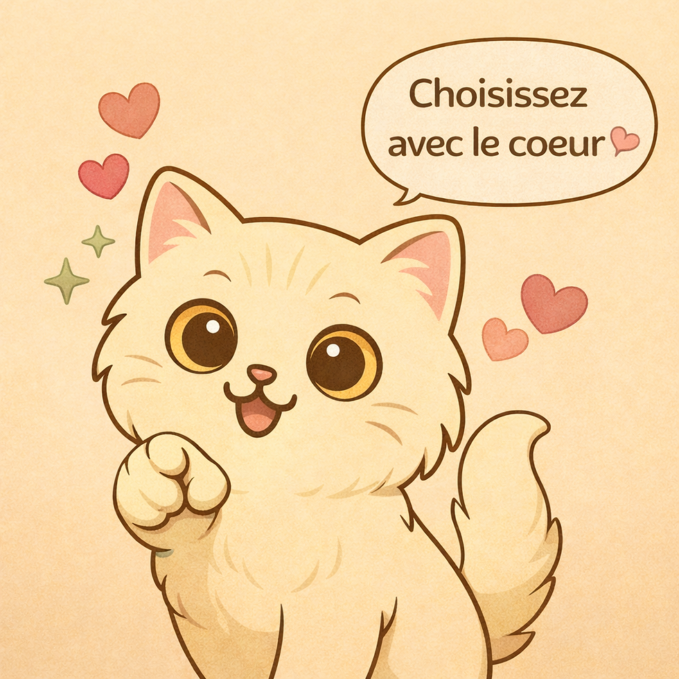 illustration Mimi chat kawaii crème yeux dorés invitant à choisir son chat avec le cœur dans un univers pastel doux