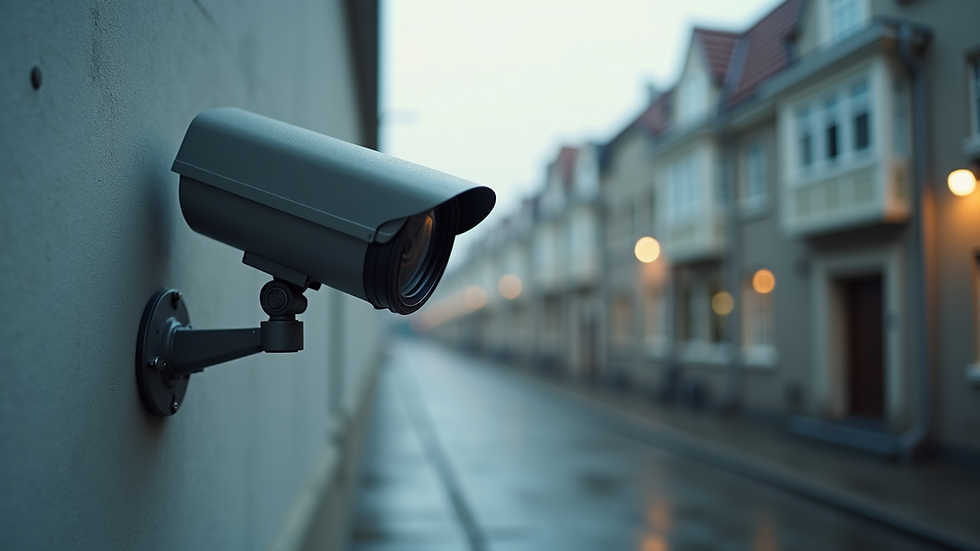 High angle view of a surveillance camera mounted on a wall