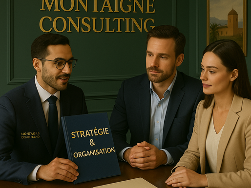 Réunion chez Montaigne Consulting : un consultant tient un livre bleu marine marqué « Stratégie & organisation », expliquant son contenu à deux clients dans un cadre raffiné vert et doré.