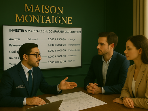 Un conseiller Maison Montaigne en costume bleu marine présente à un couple un écran affichant un comparatif des quartiers de Marrakech, avec les prix au mètre carré et les atouts de chaque zone. L’ambiance du bureau est haut de gamme, avec des murs vert foncé et le logo doré “Maison Montaigne” en arrière-plan.