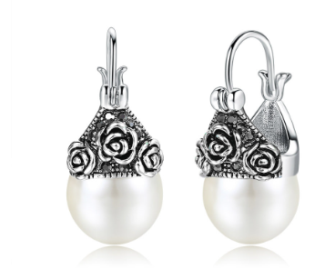 Vintage-style Pearl and Black Zircon Earrings in Silver