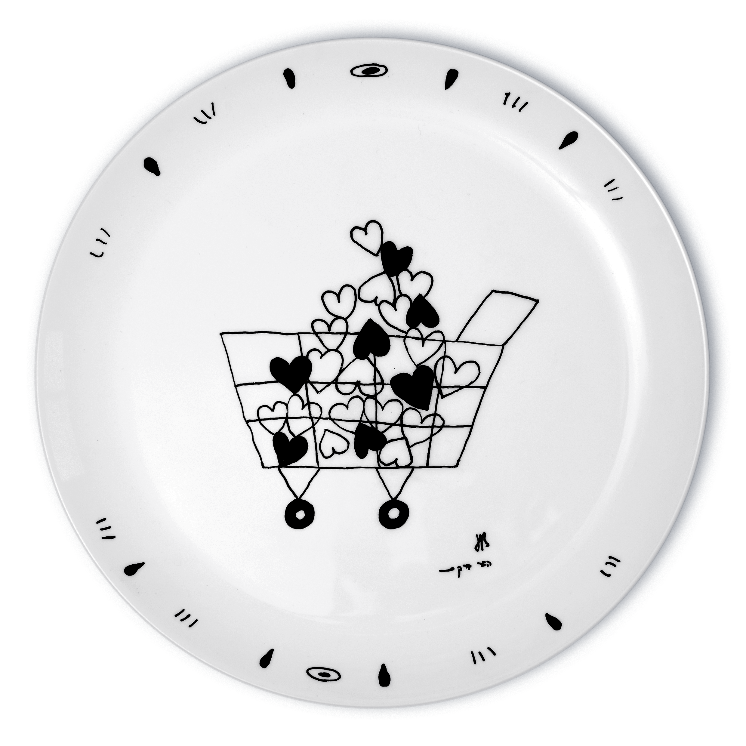 צלחת נוי לתליה מאויירת ידני שחור לבן לבבות יום האהבה