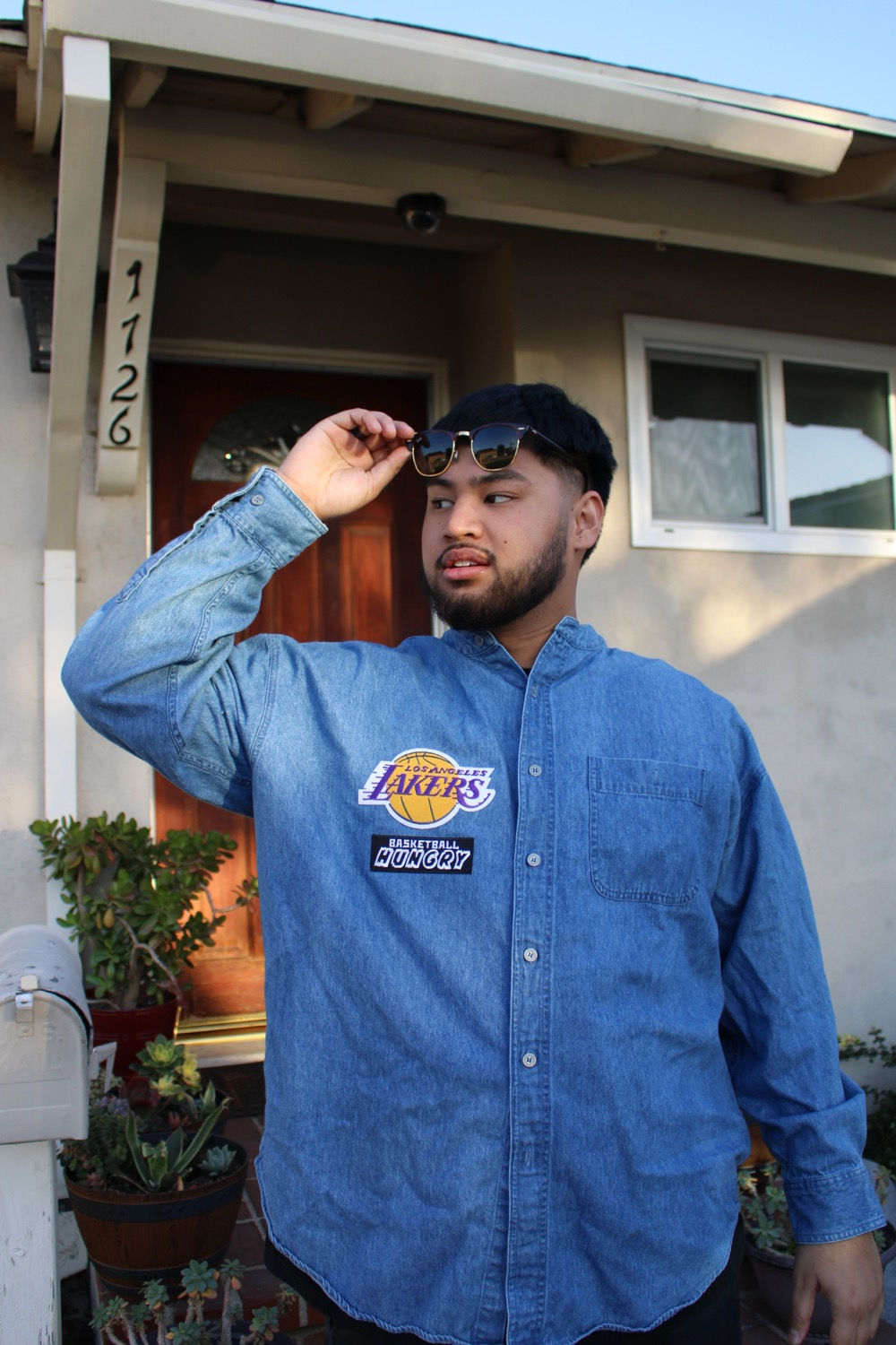 Chinese Collar Denim Shirt (Dark Wash) - XL