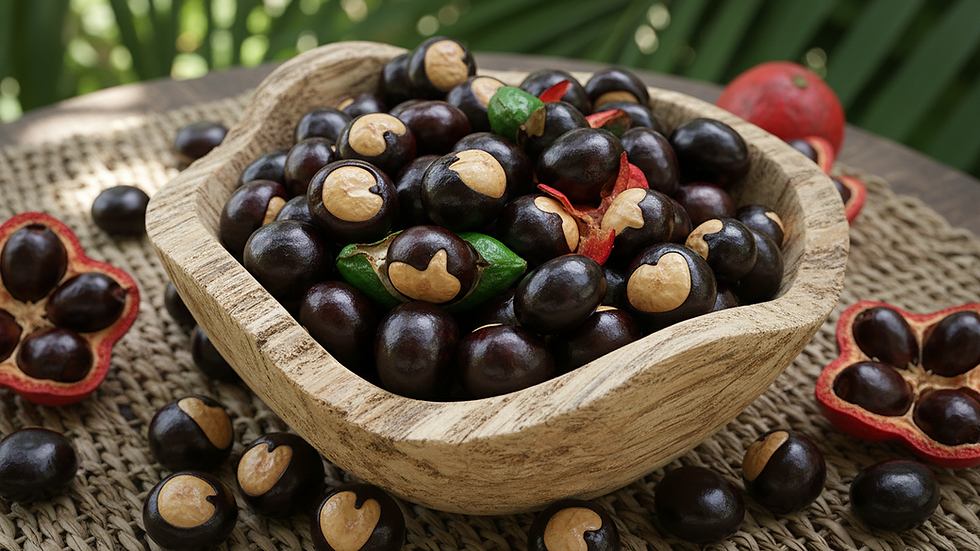 High angle view of a rustic wooden bowl filled with guaraná seeds