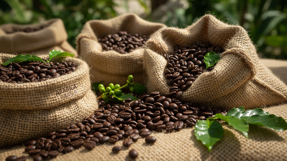 Close-up de grãos de café arábica gourmet em sacos de juta