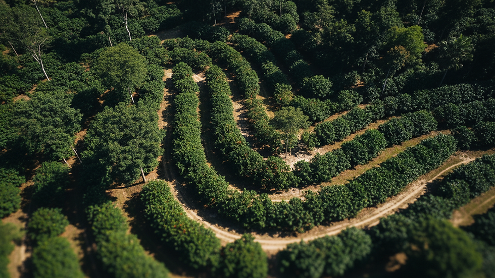 Vista aérea de plantação de café arábica em área de sistema agroflorestal