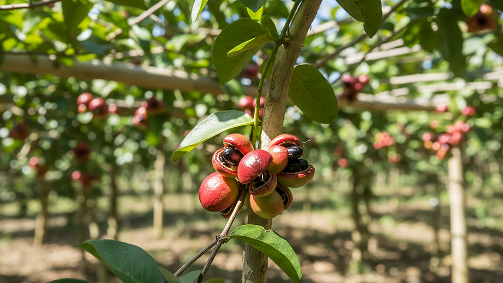 Close-up de frutos de guaraná maduros em uma plantação