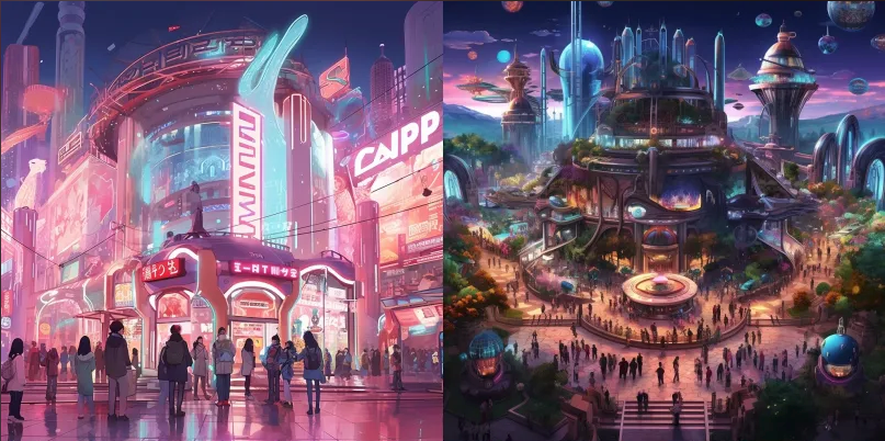 Two images of a futuristic city at night with people walking around with a sense of excitement.