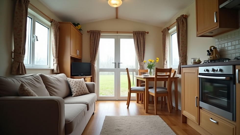 Eye-level view of a cosy static caravan living room with a sofa and dining table