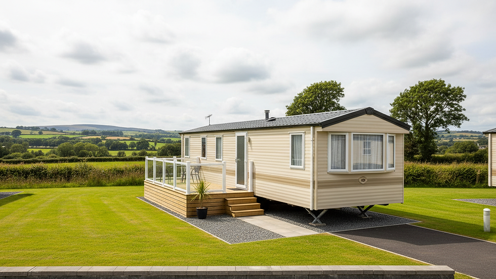 Eye-level view of a well-maintained static caravan exterior in a green Welsh countryside