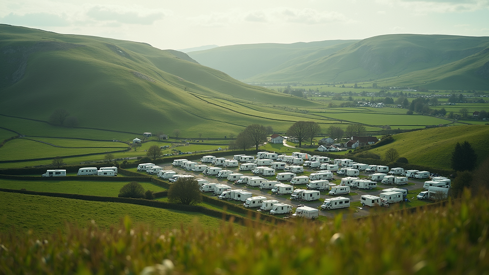 High angle view of a caravan park surrounded by green hills and countryside