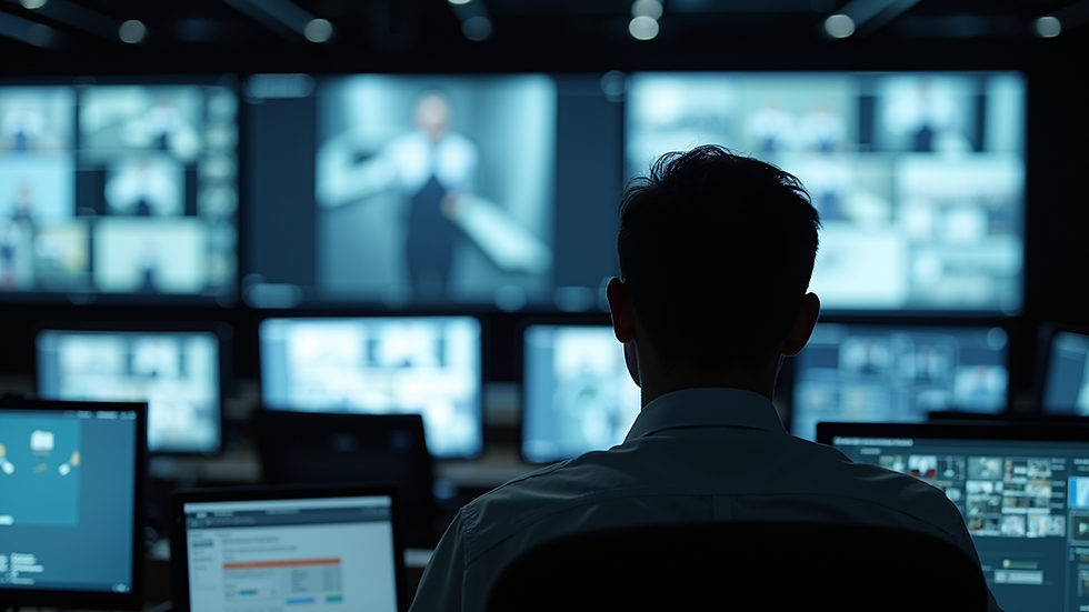 Eye-level view of a security guard monitoring CCTV screens in a control room