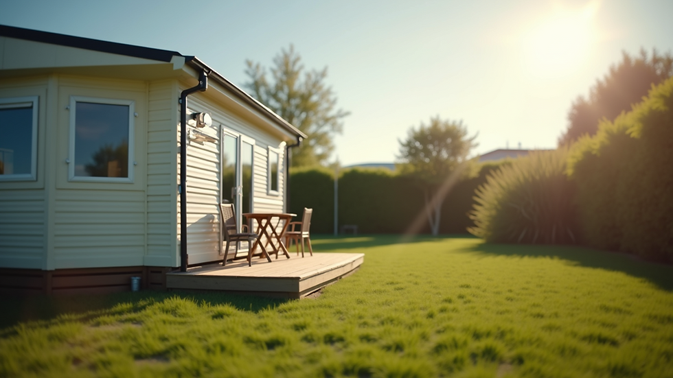 Close-up view of a modern static caravan exterior with a garden in Mid Wales