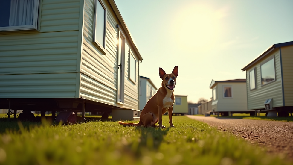 Eye-level view of a static caravan with a dog sitting outside on a sunny day