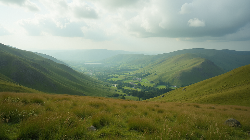 Wide angle view of rolling hills and green landscape in Brecon Beacons National Park