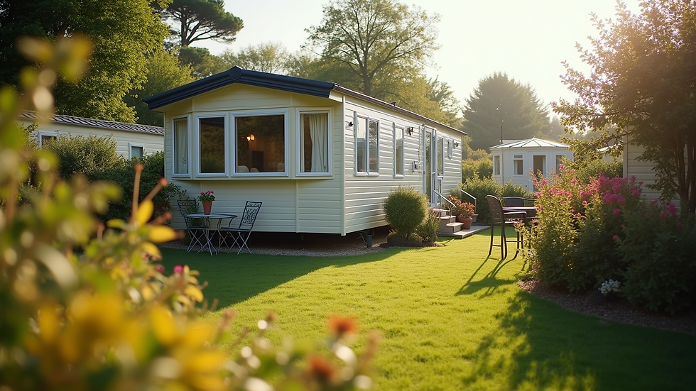 Wide angle view of a static caravan exterior with a garden and outdoor seating