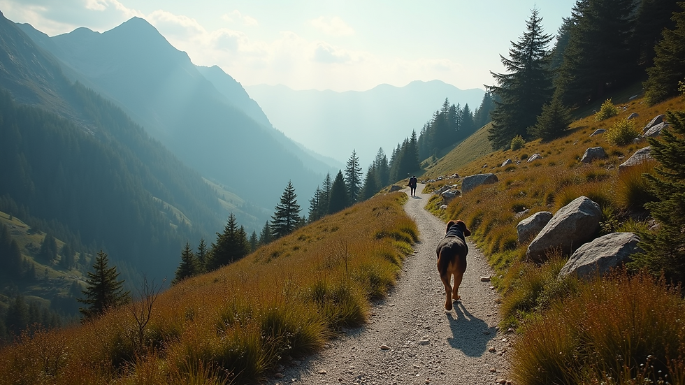 Wide angle view of a mountain trail with a dog walking alongside