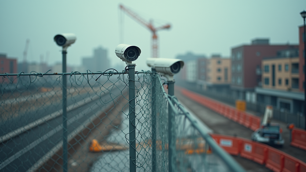 High angle view of a construction site with temporary fencing and CCTV cameras