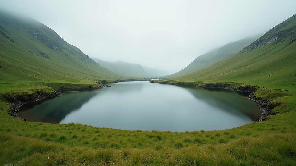 Eye-level view of a calm reservoir surrounded by green hills in Elan Valley